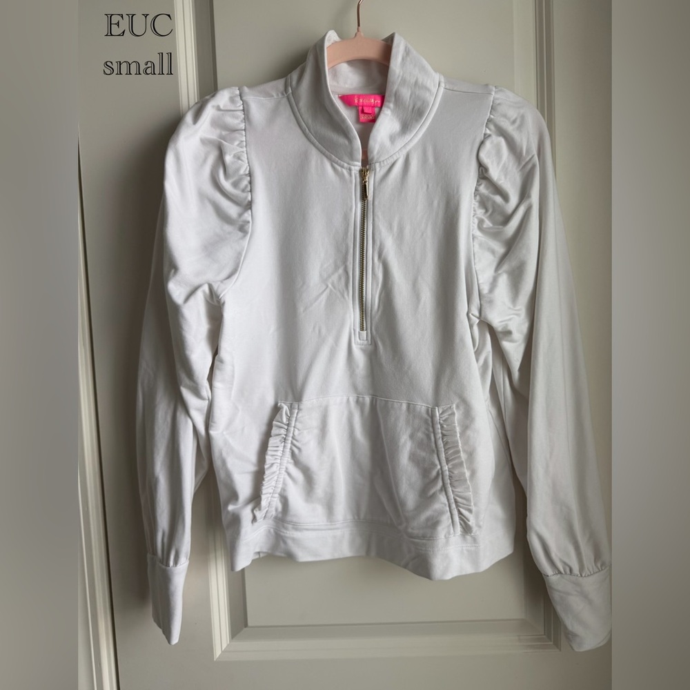 Lilly Pulitzer White Ruffle Pocket Half-Zip Pullover